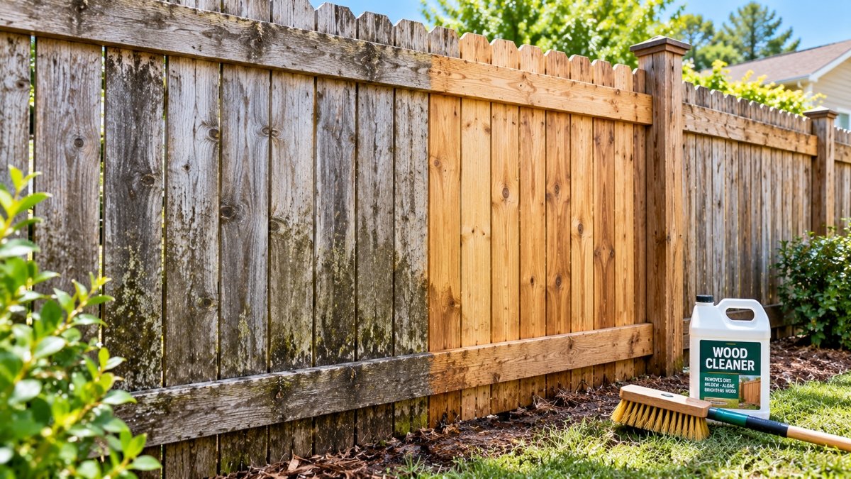 Weathered wood fence being cleaned with a wood cleaner and low-pressure rinse, showing a clean bright section next to a gray section