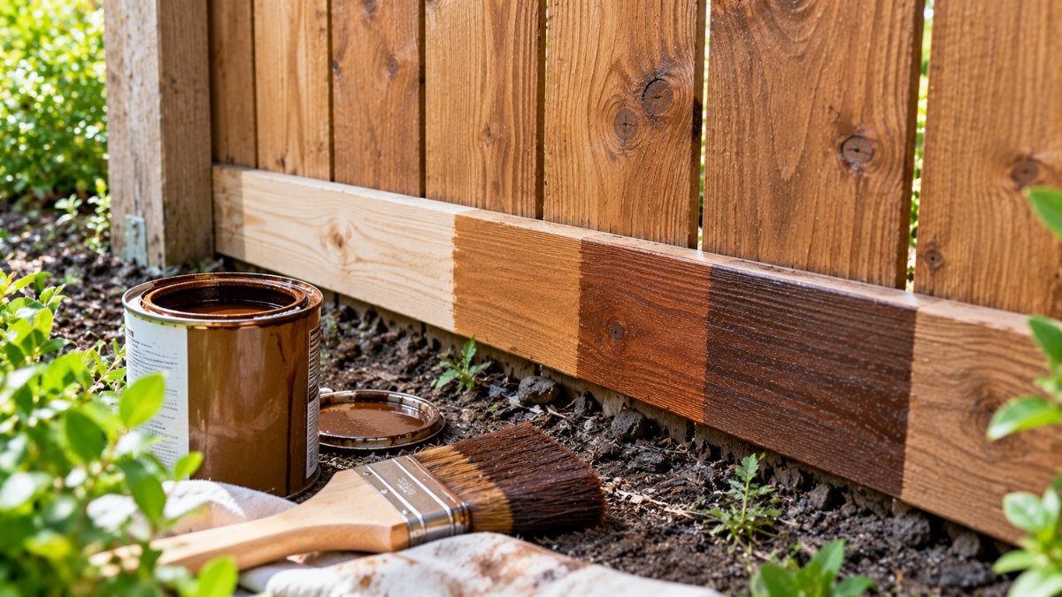Small test patch of stain applied to a hidden fence board next to a brush and open stain can