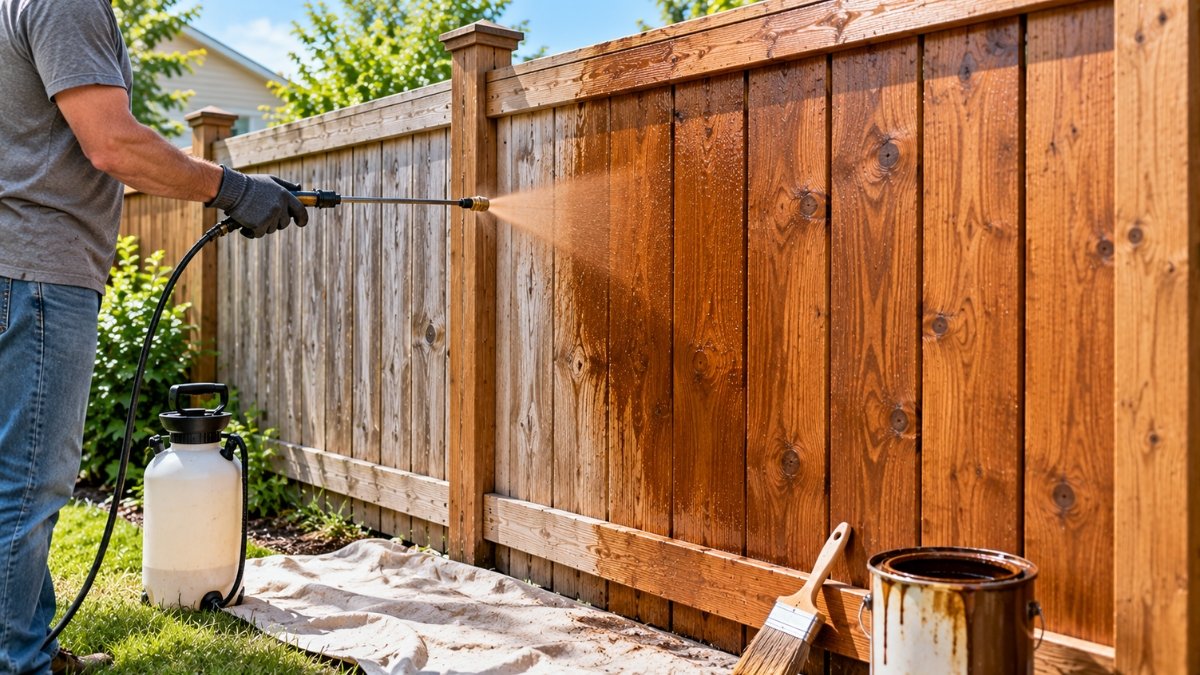 Wood fence panel being sprayed with stain and immediately back-brushed to work the stain into the grain