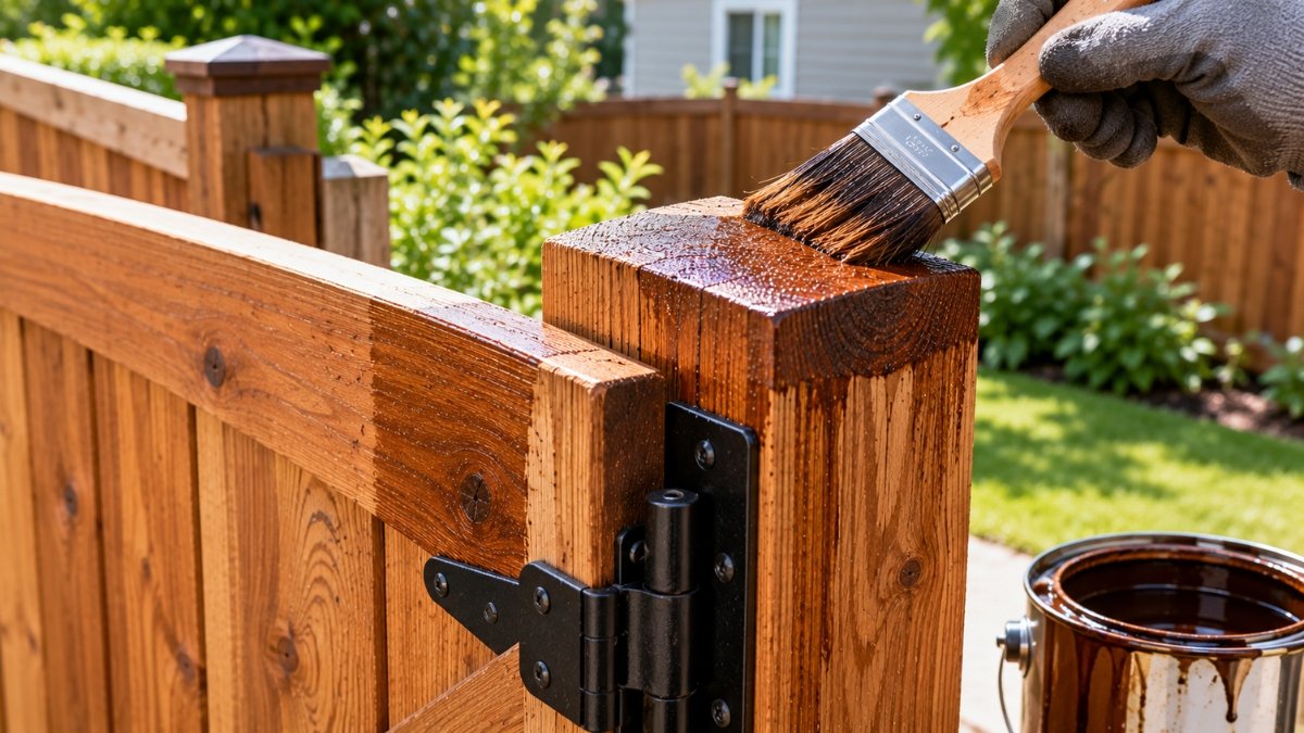 Wood fence gate edge and top of a fence post being brushed with stain, showing the darker absorbed color on end grain