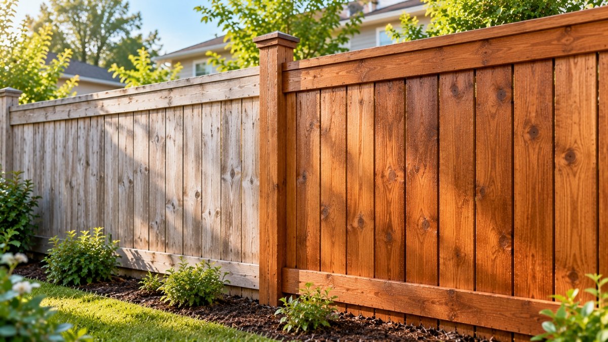 Freshly stained wood fence section drying in morning light, a darker finished panel beside a lighter unstained one