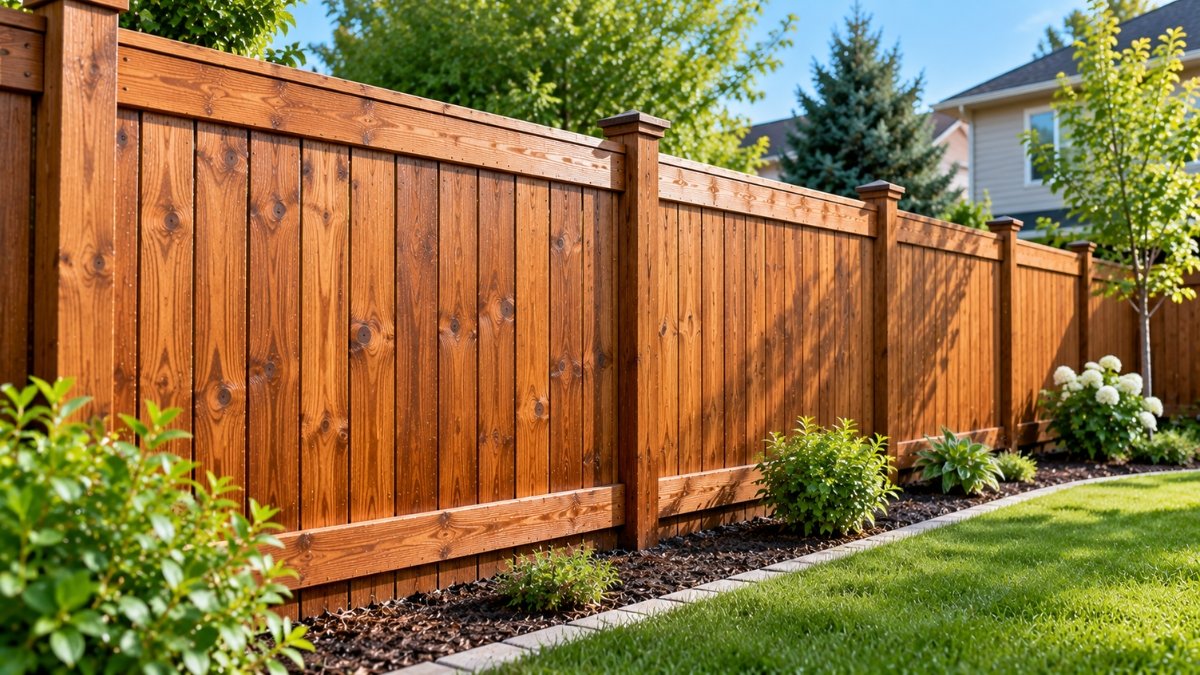 Completed evenly stained wood privacy fence with warm brown finish and visible wood grain in a backyard